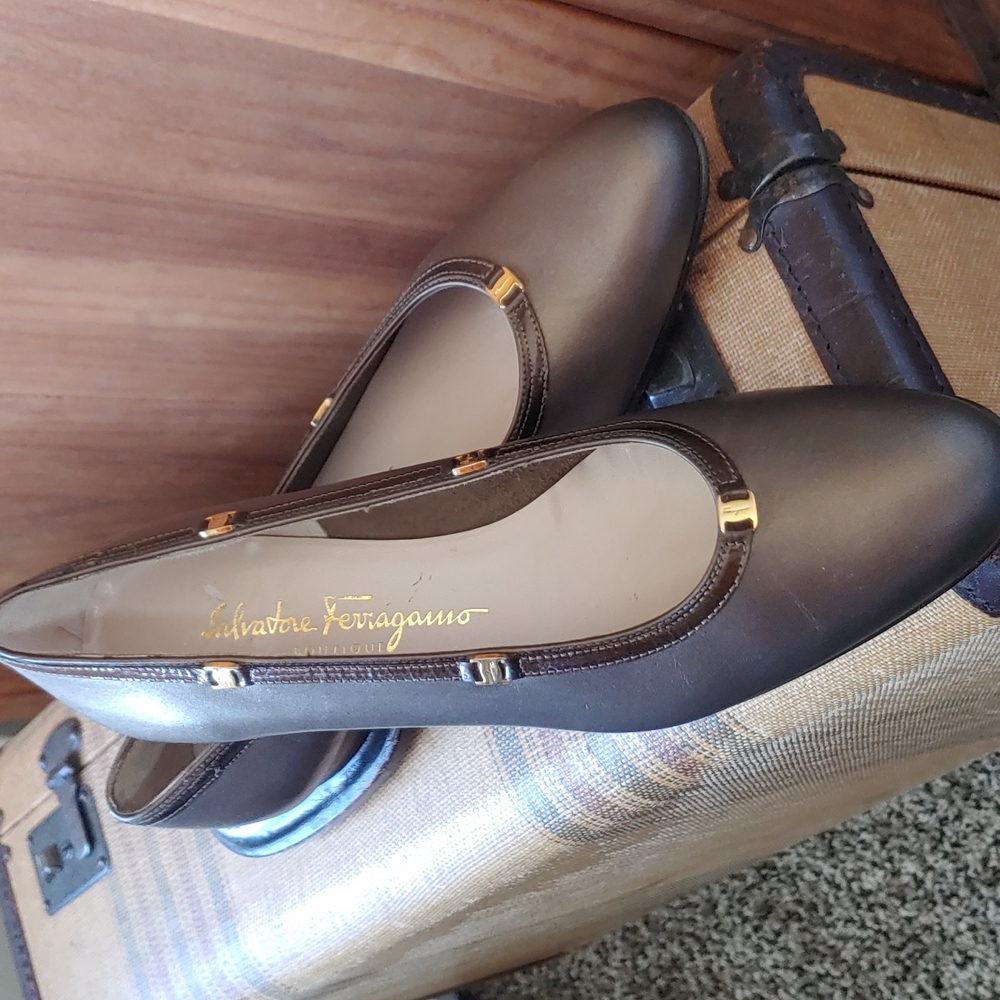 Vintage Salvatore Ferragamo Bronze Low Heels w/mini gold buckles